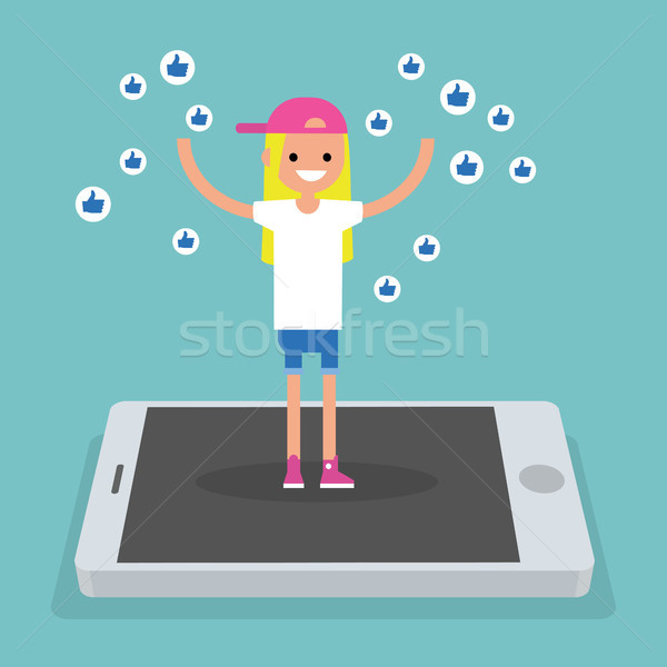 Tineri de succes fată în picioare mobil ecran Imagine de stoc © nadia_snopek