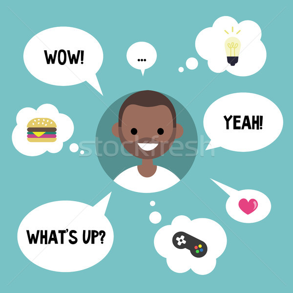 Modern communication concept. Happy black guy surrounded by spea Stock photo © nadia_snopek