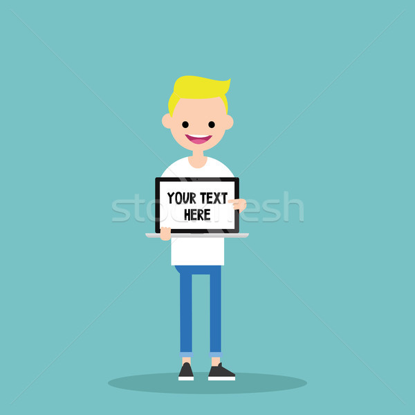 Your text here. Young character holding a laptop / flat editable Stock photo © nadia_snopek