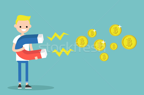 Young character mining bitcoins with a huge magnet / flat editab Stock photo © nadia_snopek