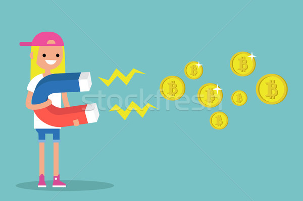 Young female character mining bitcoins with a huge magnet / flat Stock photo © nadia_snopek