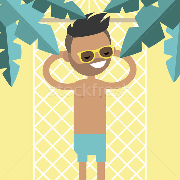 [[stock_photo]]: Jeunes · Homme · personnage · hamac · palmiers · haut