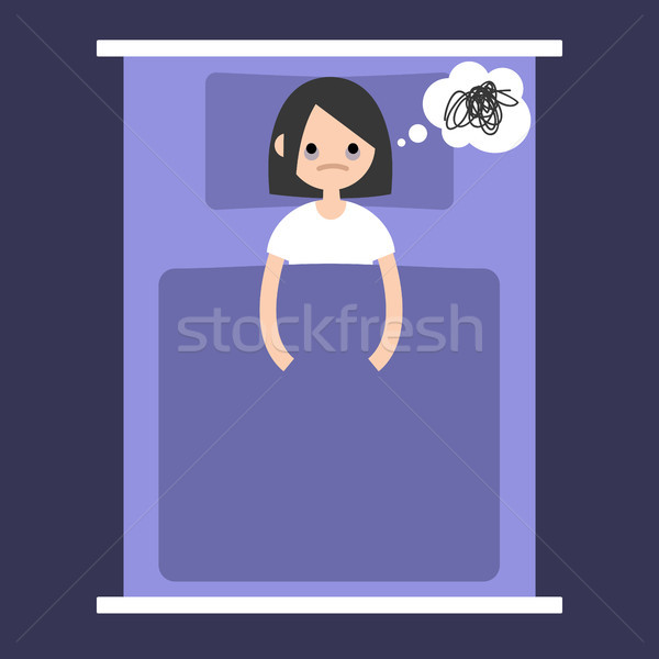 Slapeloosheid illustratie jonge brunette meisje bed Stockfoto © nadia_snopek