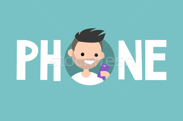 Phone concept sign. Young bearded man is looking at his smart ph Stock photo © nadia_snopek