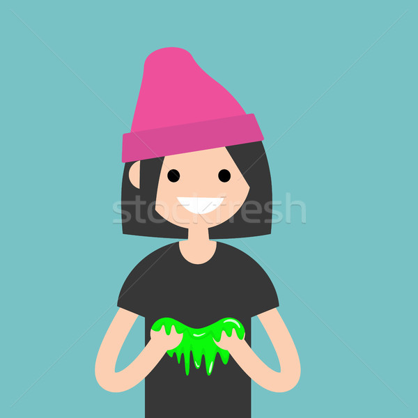 Stock photo: Young female character playing with a slime / flat editable vect