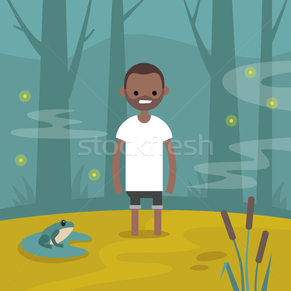 Stock photo: Young black character stuck in the swamp / flat editable vector 