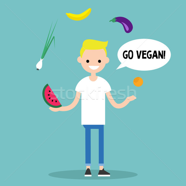Modern lifestyle. Go vegan. Young blond boy juggling fruits and  Stock photo © nadia_snopek