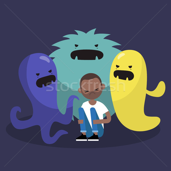 Scared black character surrounded by ugly monsters / flat editab Stock photo © nadia_snopek