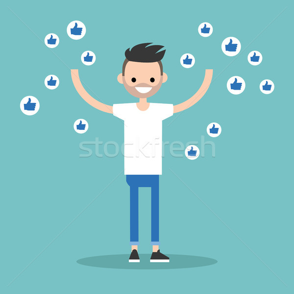 Young successful man surrounded by like symbols raising his hand Stock photo © nadia_snopek
