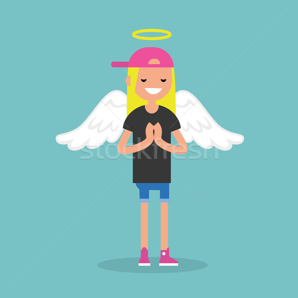 Stock photo: Young female character wearing angel costume: nimbus and wings /