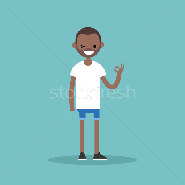 Smiling winking black man says 'ok' / Flat vector illustration Stock photo © nadia_snopek