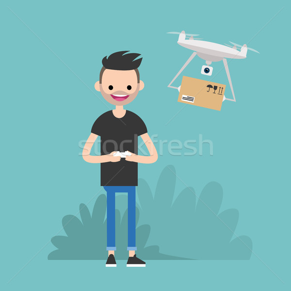 Stock photo: Drone delivery service. Young character controlling a drone with