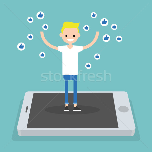 Young successful boy standing on mobile screen and raising his h Stock photo © nadia_snopek