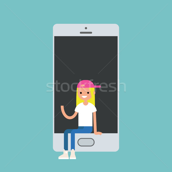 Millennial girl sitting inside the smartphone and waving her han Stock photo © nadia_snopek