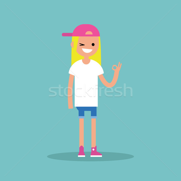 Smiling winking blond girl says 'ok' / Flat vector illustration Stock photo © nadia_snopek