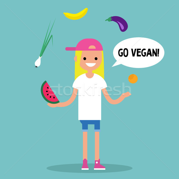 Modern lifestyle. Go vegan. Young blond girl juggling fruits and Stock photo © nadia_snopek
