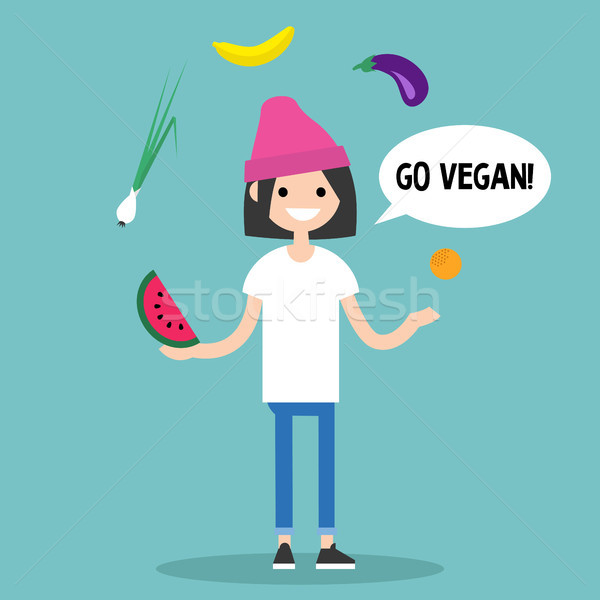 Modern lifestyle. Go vegan. Young character juggling fruits and  Stock photo © nadia_snopek