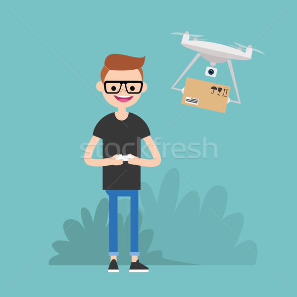 Drone delivery service. Young character controlling a drone with Stock photo © nadia_snopek
