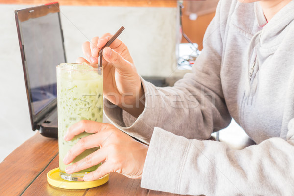Glass of iced green tea latte Stock photo © nalinratphi
