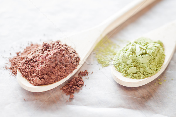 Spoon of cocoa and green tea powder  Stock photo © nalinratphi