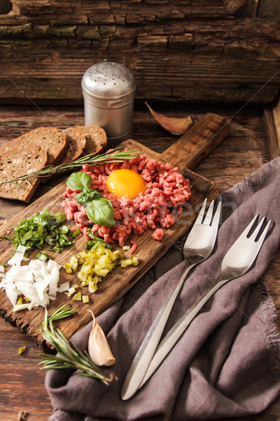 beer snack Beef tartare with pickled cucumber  Stock photo © Naltik