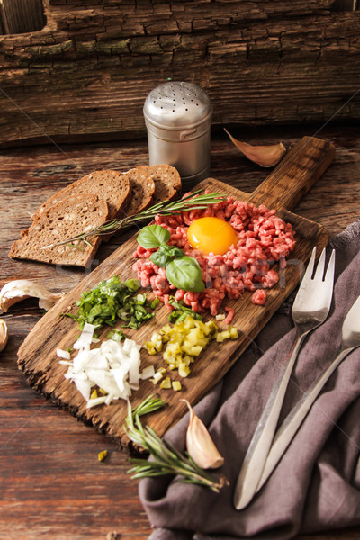 beer snack Beef tartare with pickled cucumber  Stock photo © Naltik