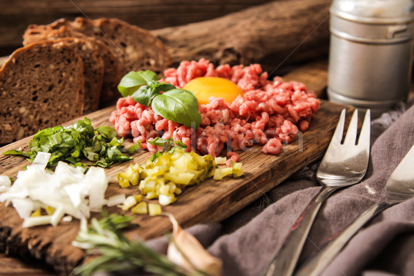 beer snack Beef tartare with pickled cucumber  Stock photo © Naltik