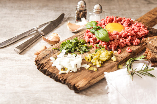 beer snack Beef tartare with pickled cucumber  Stock photo © Naltik