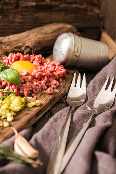 beer snack Beef tartare with pickled cucumber  Stock photo © Naltik