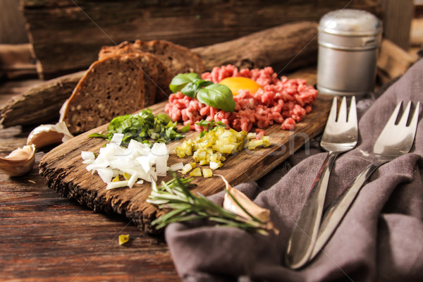 beer snack Beef tartare with pickled cucumber  Stock photo © Naltik