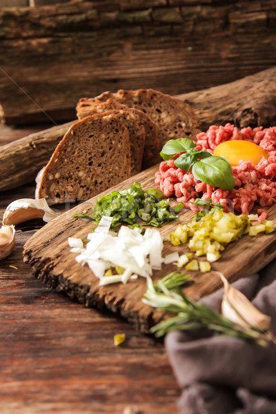 beer snack Beef tartare with pickled cucumber  Stock photo © Naltik