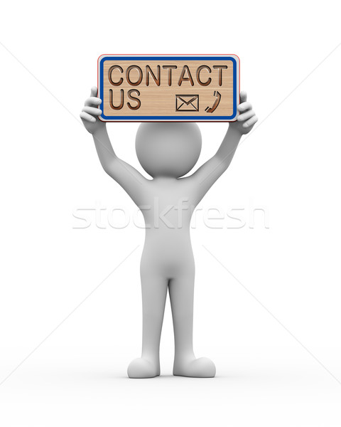 3d Man Holding Engraved Banner Word Text Contact Us Stock Photo