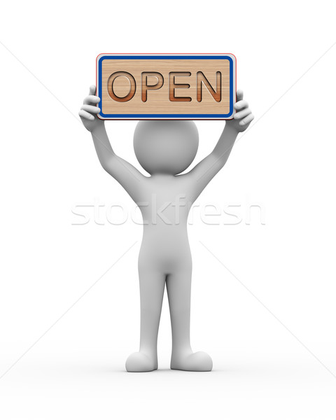 Stock photo: 3d man holding engraved banner word text open