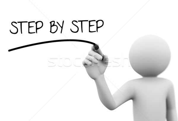 Stock photo: 3d person writing step by step on transparent screen