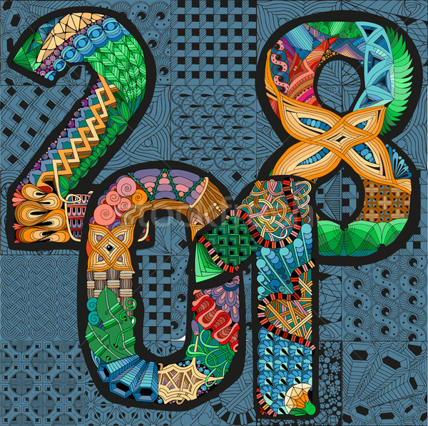 Stock photo: Number 2018 Zentangle. Vector decorative object