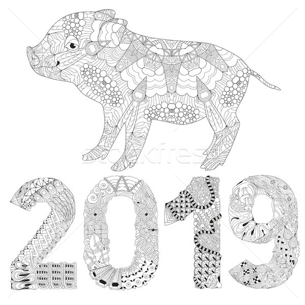 Piggy coloring book with number 2019 for adults vector Stock photo © Natalia_1947