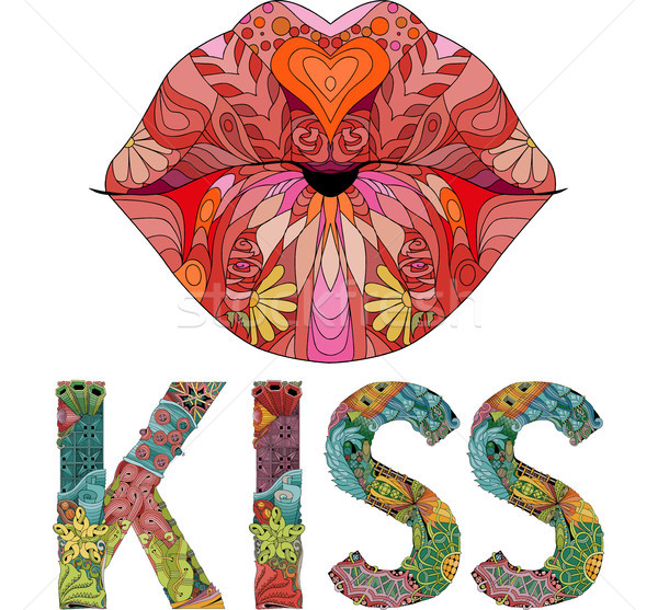 word kiss with lips silhouette   vector decorative zentangle