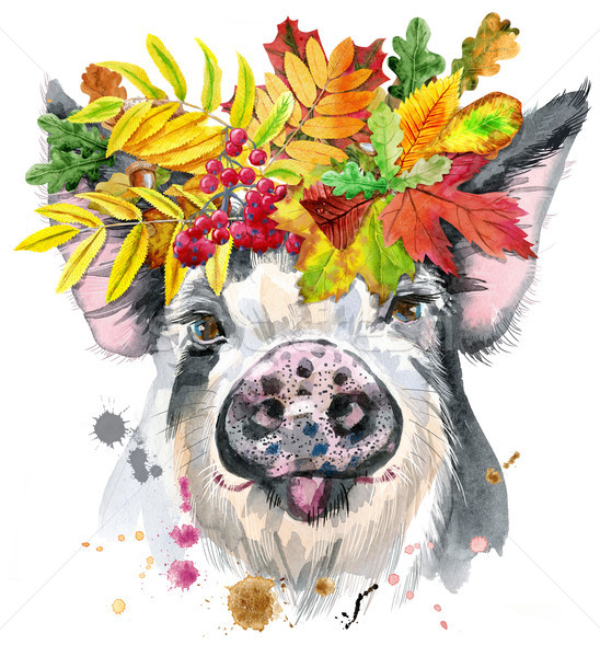 Acuarela portret porc coroana frunze frumos Imagine de stoc © Natalia_1947