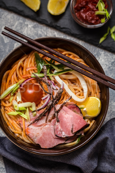 Noodle soup Asian with meat, vegetables and herbs, squid Stock photo © Natalya_Maiorova