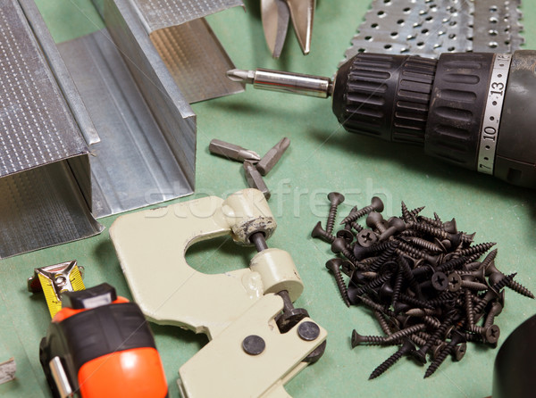 Placoplâtre outils métal mètre à ruban lock Photo stock © naumoid