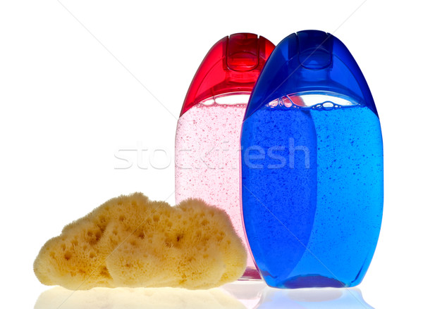 Shampooing bleu transparent bouteilles éponge Photo stock © naumoid