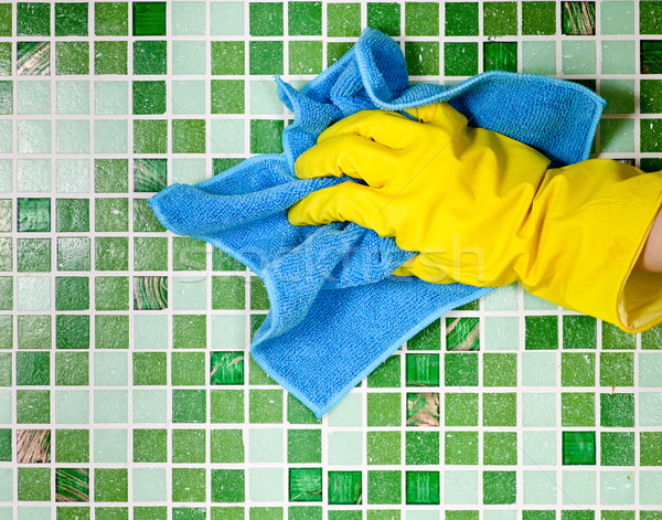 Trabalhos domésticos mão amarelo luva limpeza mosaico Foto stock © naumoid