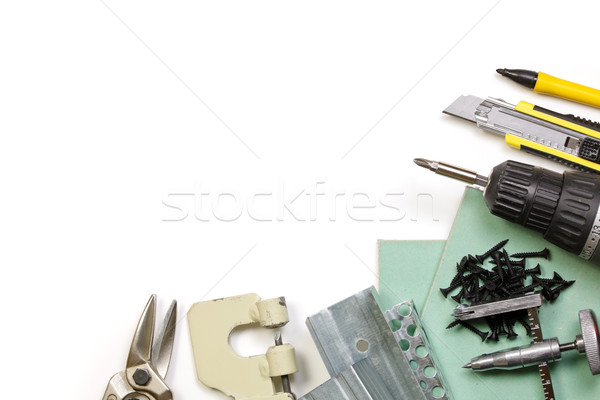 Gipszkarton szerszámok szett fém zár konzervdoboz Stock fotó © naumoid