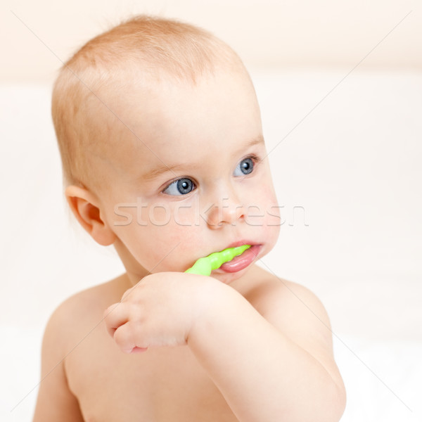Criança pequeno menina verde dente Foto stock © naumoid