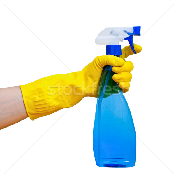 Stock foto: Hand · halten · Spray · Flasche · gelb · Handschuh