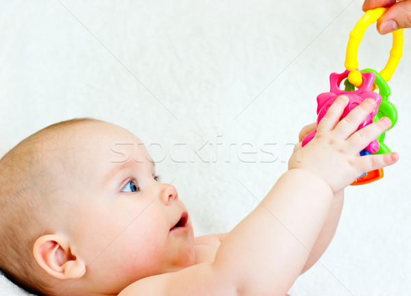 Stockfoto: Zuigeling · speelgoed · weinig · tanden