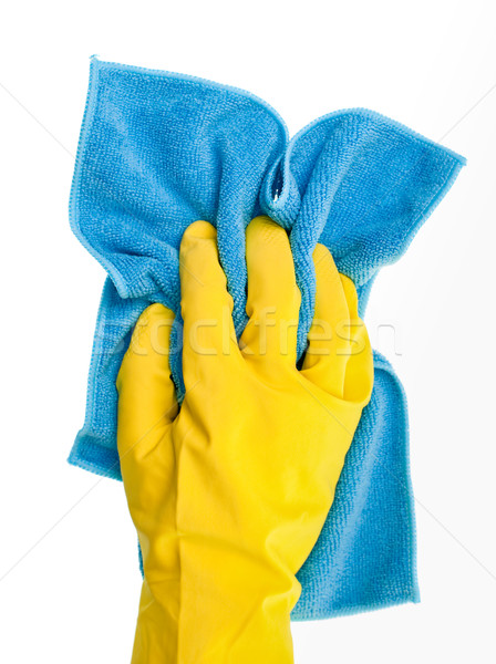 Huishoudelijk werk hand Geel handschoen Blauw huis Stockfoto © naumoid