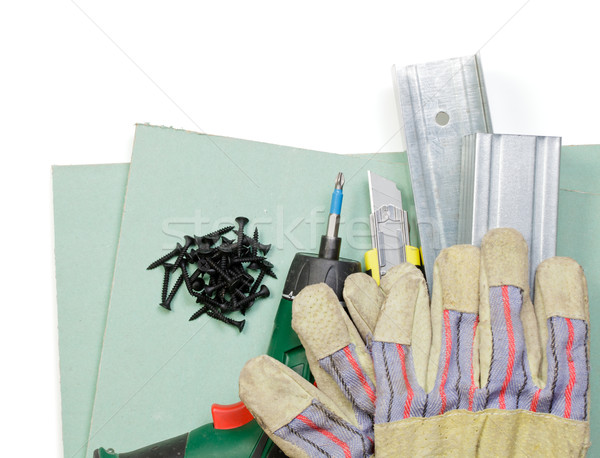 Płyt gipsowo-kartonowych narzędzia zestaw metal rękawice biały Zdjęcia stock © naumoid