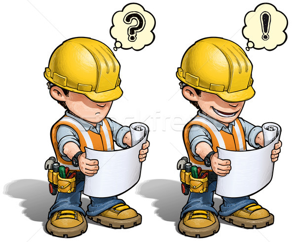 Pracownik budowlany czytania plan cartoon ilustracja plan Zdjęcia stock © nazlisart