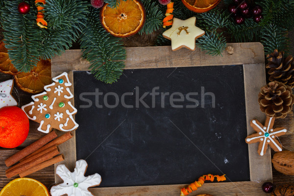 Foto stock: Natal · pão · de · especiarias · bolinhos · quadro · lousa